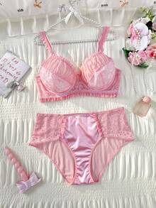 PetitDoll Bộ 2 áo ngực cỡ lớn phối ren và lưới tương phản, có gọng. - Hồng - Xem 3