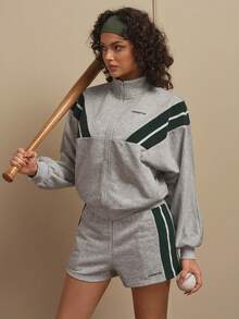 Cheerettes 女士宽松罗纹拉链运动夹克，春季款 - 灰色 - 查看 1