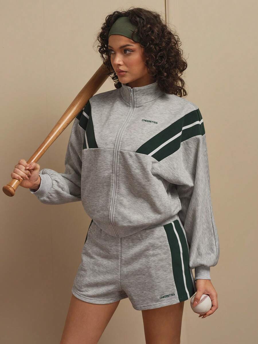 Cheerettes 女士宽松罗纹拉链运动夹克，春季款 - 灰色 - 查看 1