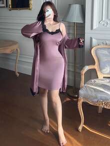 Dazy Plus 大码女士优雅缎面撞色蕾丝睡袍睡衣套装，宽松开襟睡衣，春夏款 - 紫色 - 查看 5