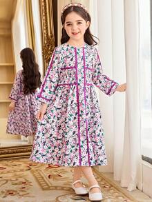 Young Girl Floral Print Round Neck Shirred Long Sleeve Dress - Multicolor - View 6
