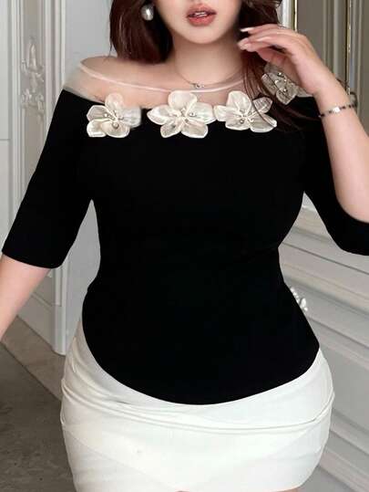 Dazy Plus Contrast Color Block 3D Floral Decor Asymmetric Neck Fitted Cropped Sexy Black T-Shirt