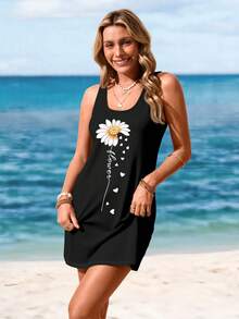 Sylviya Women's Casual Simple Heart-Shaped Daisy Printed Sleeveless Dress Suitable For Summer,Summer Dresses For Women Suitable For Going Out Chic Dress,Vacation - Black - View 3