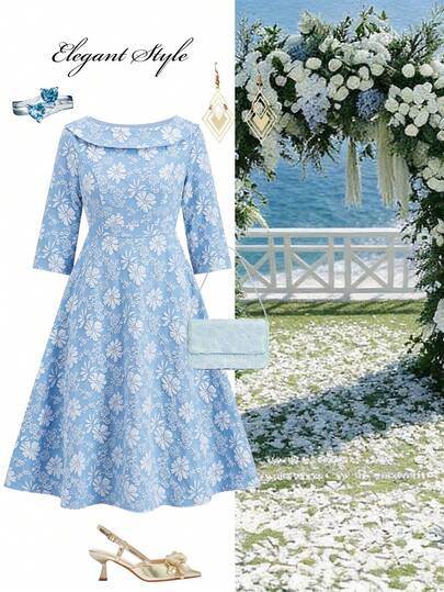 Ellevyn Women's V-Neck 3/4 Sleeve Waist Cinching A-Line Jacquard Textured Fabric Midi Dress, Elegant For Daily Wear, Wedding, And Formal Occasions Summer Outfit For Women Spring Clothes Women Weddings & Events Elegant Dresses For Women Buckle Neck, Three-Quarter Sleeves, Fitted Waist And A-Line Silhouette, Blue Dress, Mid-Length Spring/Summer Dress, Jacquard Fabric, Elegant Dress.