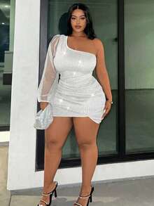 Slaydiva Plus Size Women Solid Color Sequin Contrast Mesh Lantern Sleeve Sexy Elegant Dress - White - View 6