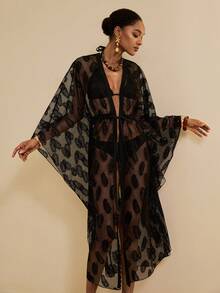 Vesra Women's Vacation Plant Print Mesh Belted Kimono Cover Up - Black - View 6