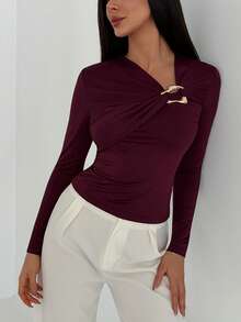 Aloruh 修身紫色金属装饰优雅长袖T恤 - 紫色 - 查看 8