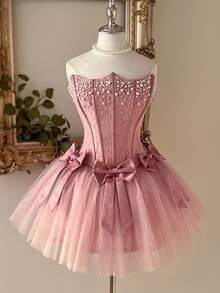 Lovelzi Elegant Dusty Pink Romantic Lace & Mesh Puff Skirt Bandeau Boned Bodice With Detachable Bow Tie Back Adjustable Straps, Suitable For Beach, Date, Birthday, Party, Graduation, Wedding, Prom - Dusty Pink - View 8