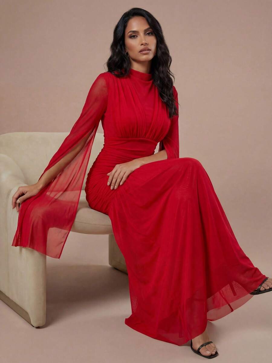 Silquee 女士长袖圆领网纱连衣裙，适合秋季穿着 - 紅色 - 查看 1