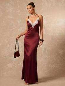 Lumalex 女士优雅性感酒红色无袖蕾丝边修身喇叭连衣裙，春夏款 - 酒紅色 - 查看 5