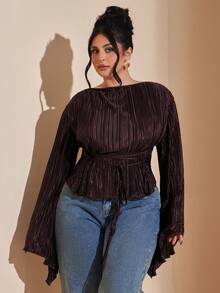 SHEIN BAE Spring/Summer Long-Sleeved Pleated Shirt Set For Dates And Outings - Plus Size - Brown - View 5