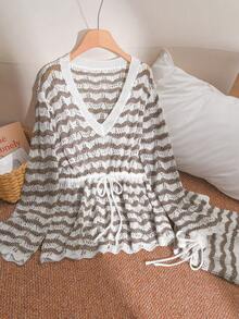 CosyJoli 大码优雅法式极简波浪纹多功能度假休闲镂空针织上衣和裤子两件套，轻盈透气，适合春夏穿着 - 駝色 - 查看 5