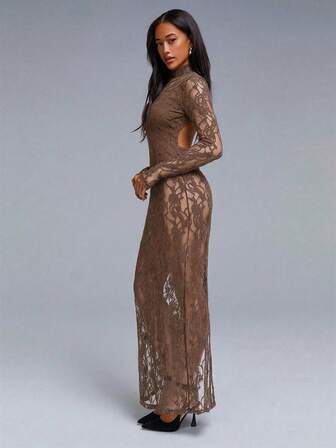 Athîral 女士花卉蕾丝领长袖露背修身性感连衣裙