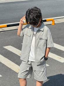 2件套儿童/青少年男童休闲韩版工装领短袖衬衫和纯色短裤套装，适合上学、花园、海滩、生日、春夏穿着。 - 綠色 - 查看 7