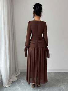 SHEIN PETITE Women's Casual Elegant Draped Collar Ruched Lantern Sleeve Flowy Dress, With Ruffle Collar, Lantern Sleeves, And Tie Waist Design, Suitable For Various Formal Occasions Such As Parties, Weddings, Graduations, Halloween, Christmas, Saudi National Day, New Year, Etc. - Brown - View 2