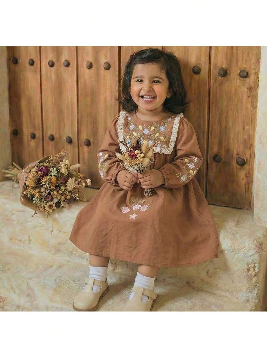 Loomiva Gaun Smock Rayon Cokelat Karat Lucu untuk Anak Perempuan Muda dengan Bordir Tanaman dan Lengan Bishop Panjang, Potongan Midi Mengembang, Leher Bulat - Rust Brown - View 1