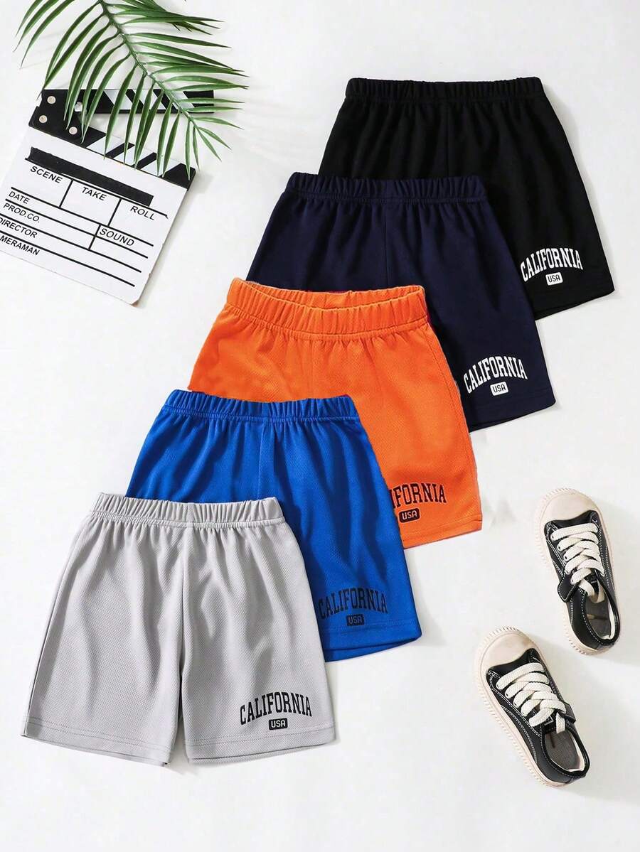 SHEIN Bộ 5 quần short in chữ cho bé trai, thích hợp cho kỳ nghỉ, du lịch, thư giãn, tắm nắng, mùa hè. - Nhiều màu - Xem 1