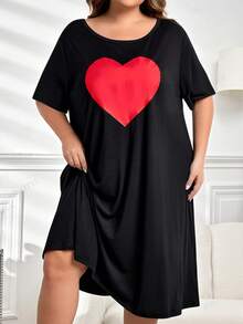 SHEIN CURVE+ CURVE PLUS /Valentine's Day/Plus Size Comfortable Stretchy Long Short Sleeve Black Casual Dress, Versatile For Summer