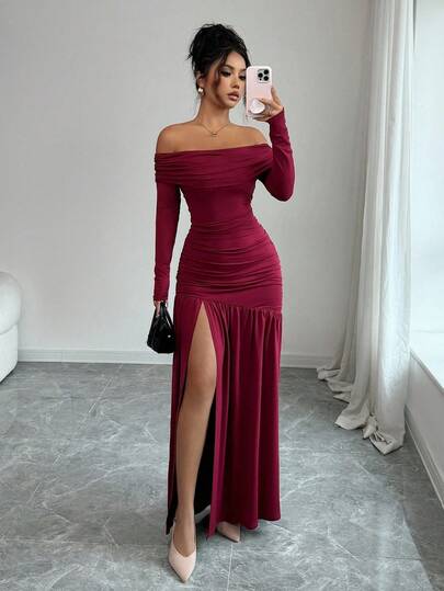 Elenzga 女式复古优雅露肩修身长袖针织连衣裙，秋冬装，万圣节装