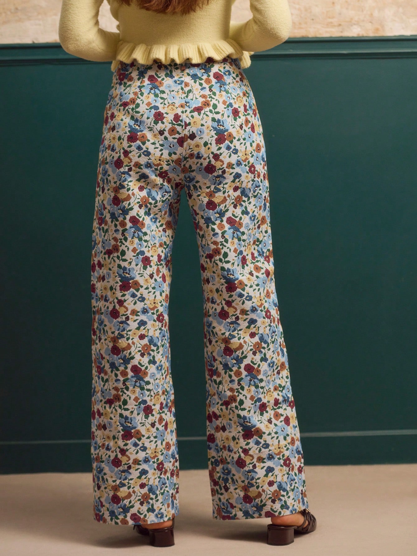 Vintage Style Floral Jacquard High Waisted Wide Leg Trousers Going Out Flower Pants Spring Summer French Style Parisian Style Office Outfit Vacation Outfit