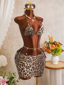 Swim SXY 2026 New Leopard Print Sequin Brown Drawstring Hem Skirt, Sexy Halter 3-Piece Bikini Swimsuit For Women - Multicolor - View 8