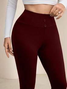 Modelyn Quần legging nữ màu trơn, thiết kế cài nút ở eo, kiểu dáng thường ngày thoải mái. - Màu Đỏ Sâu - Xem 4