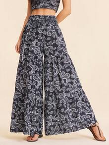 Coeurva Women's Loose Wide Leg Printed Chiffon Palazzo Pants,Navy Blue And White,Boho,Vacation,Holiday,Autumn Spring Summer Flowy Pants For Vacation - Black and White - View 7