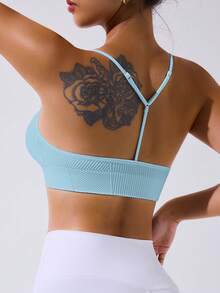 SHEIN Sovereign Charm 女士纯色无缝健身运动背心 - 淺藍色 - 查看 3