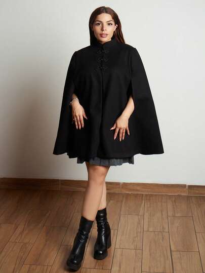 Lupita Cardoza 优雅立领拼色中国风纽扣装饰斗篷长袍女士加厚秋冬披肩连衣裙外套女冬装