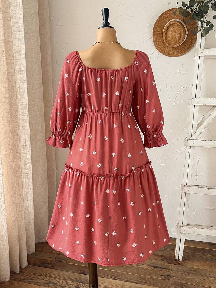 Plus Size Women Vacation Shirred Design Long Sleeve Ruffle Hem Fashion Dress/Summer/Spring Country Style For Women Summer Holiday Outfits Spring Break Outfits Long Sleeve Summer Dresses French Dresses For Women  Floral Dress