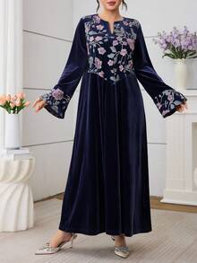 Al Najma Velvet Patchwork Mesh Embroidered Blue Elegant Dress - Multicolor - View 3