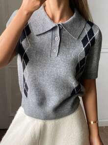 DAZY Áo len nữ dáng rộng mùa thu, cổ bẻ, họa tiết hình thoi. - Xám - Xem 4