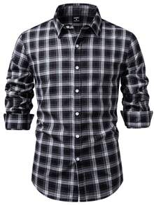 Manfinity Nomadique Men's Plaid Long Sleeve Single-Breasted Casual/Business Shirt Men's Casual Dress Shirt Men Shirts Plaid Black And White Men's Shirt Black And White Dress Shirts For Man Black And White Shirt - Black - View 4