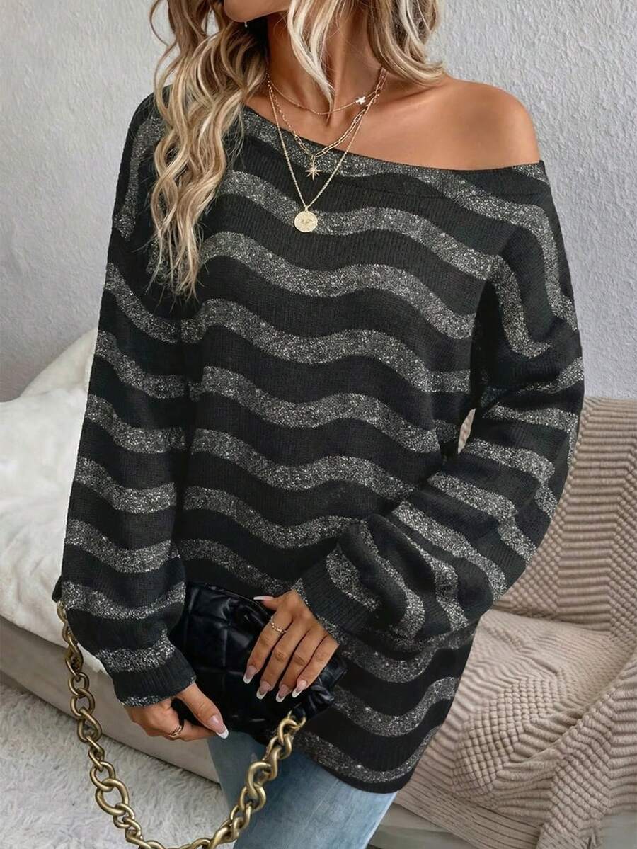 EMERY ROSE 女士休闲露肩毛衣，黑色和银色亮片波浪图案 - 舒适时尚的波西米亚风针织衫，适合春秋冬季节穿着，是外出、旅行、居家、聚会、上学和送礼的理想之选。 - 彩色 - 查看 1