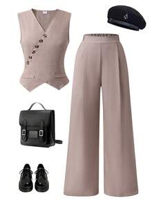 Reset Phase 2件套少女休闲卡其色无袖翻领单排扣马甲+阔腿裤套装，适合上学、活动、比赛、家庭聚会等场合。 - 卡其色 - 查看 8