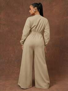 Vixey Solid Color Heavy Weight Fleece Sweatshirt Long Sleeve Wide Leg Jumpsuit - Apricot - View 2