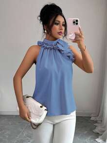 Balvessa Elegant Ruched Sleeveless Blouse, Suitable For Summer - Baby Blue - View 3