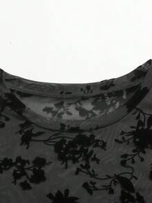 Girlism Tween Girls Black Knit Floral Print Flocked Mesh Vacation Casual Elegant Camisole 2-Piece Set With Cropped Top T-Shirt - Black - View 6