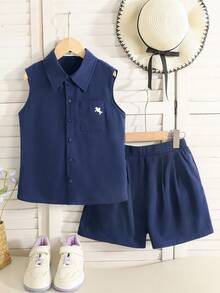 SHEIN Bộ đồ đôi 2 món cho bé gái tuổi teen, áo và quần short mùa hè, kiểu dáng thường ngày. - Màu xanh hải quân - Xem 5