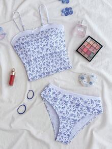 SHEIN Bộ bikini họa tiết hoa nhí buộc cổ yếm phối màu tương phản dành cho thiếu nữ, bộ bikini kín đáo. - Màu xanh lam - Xem 8