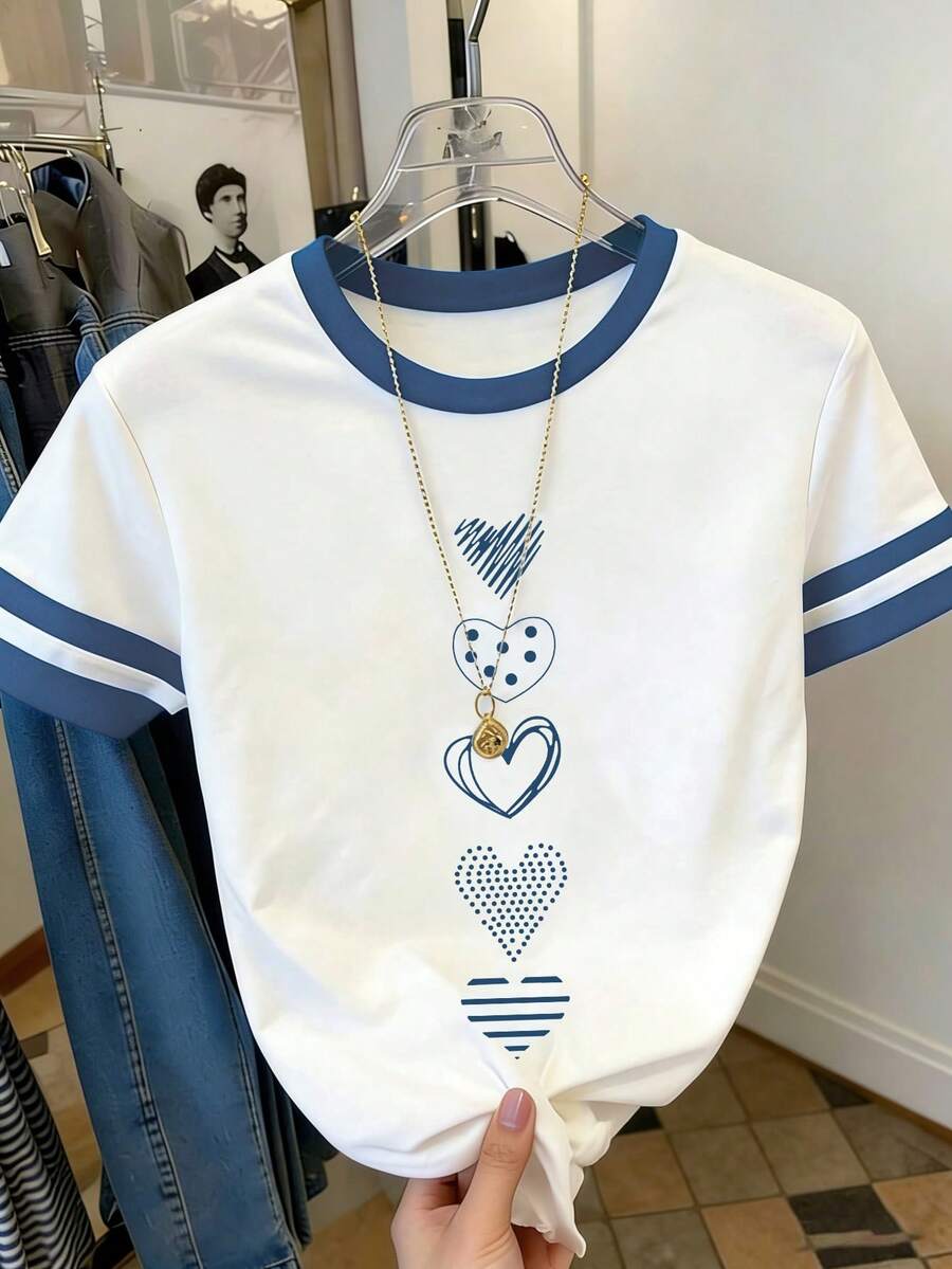 Resyla Áo thun nữ cổ tròn kẻ sọc phối màu hình trái tim, thích hợp mặc hàng ngày. - Màu xanh lam - Xem 1