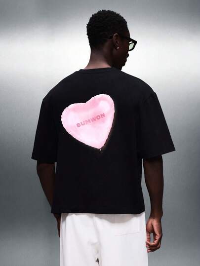 SUMWON Cropped Fit Heart Print Graphic Tee Short Sleeve Cotton Blend Casual Streetwear Style Summer Spring Valentine Holiday Gift Statement Top