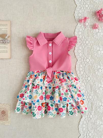 SHEIN 2pcs/Set Baby Girls Summer Clothes Back To School Season 6 Months - 3 Years, Pink Cute Fashion Ruffled Collar Cardigan Jacket With Irregular Hem, Colorful Floral Print Sleeveless Layered Cake Dress, Soft And Comfortable, Suitable For Spring/Summer Outings, Great Gift