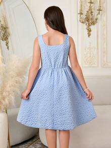 SHEIN Đầm dệt hoa jacquard thanh lịch dành cho bé gái tuổi teen, không tay, đính hoa 3D lấp lánh, thích hợp mặc hàng ngày, dự tiệc, các buổi gặp mặt và các dịp trang trọng. - Màu xanh lam - Xem 2