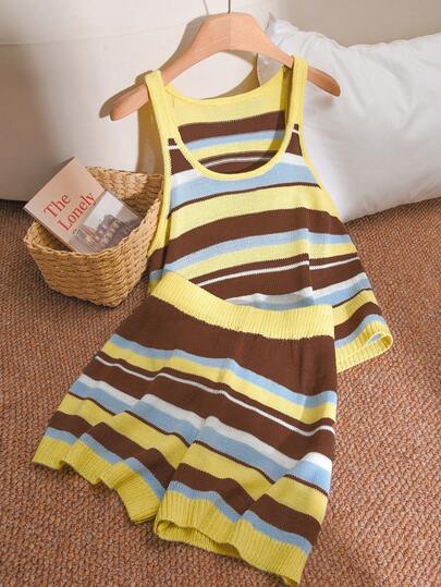 CosyJoli Plus Size Women Striped Crew Neck Sleeveless Knit Top And Knitted Shorts Casual Suit