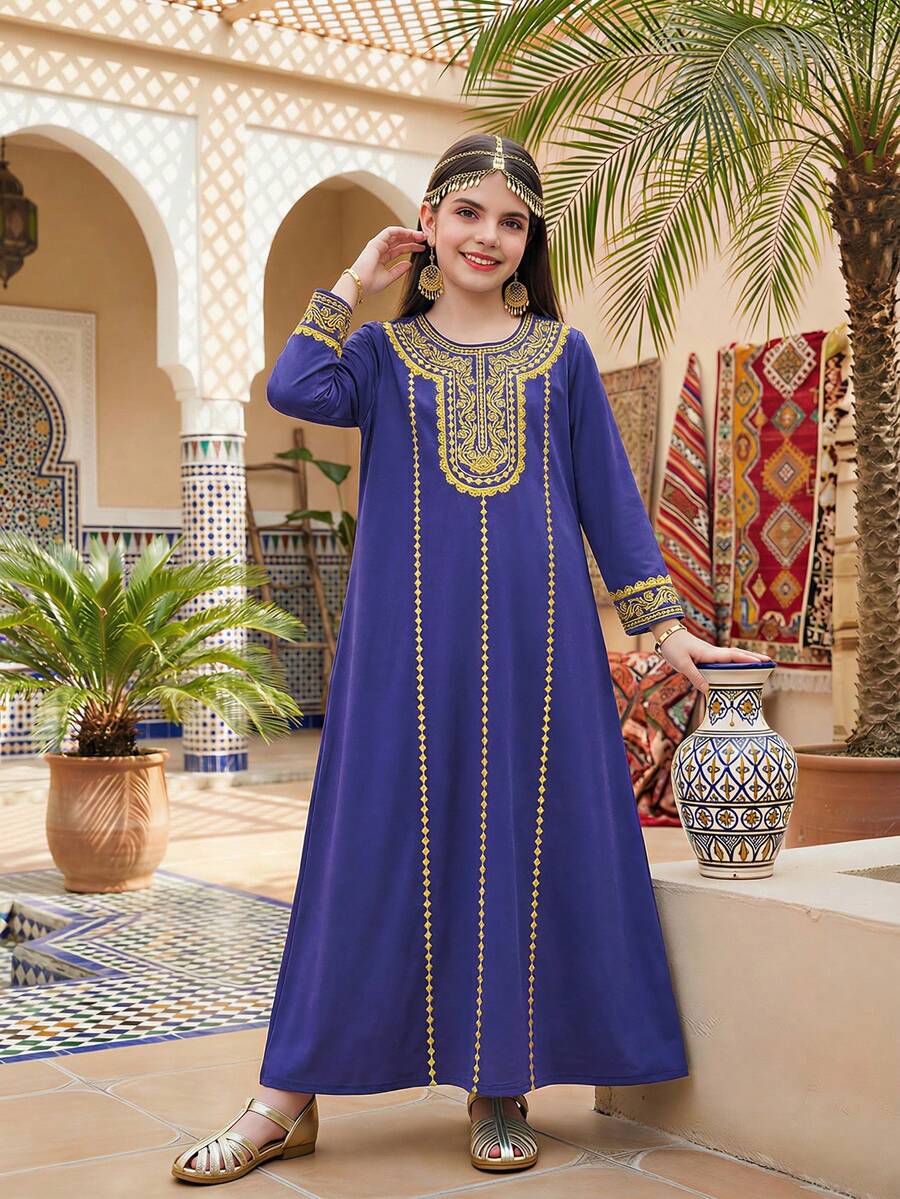 SHEIN Tween Girls' Casual Round Neck Long Sleeve Dress