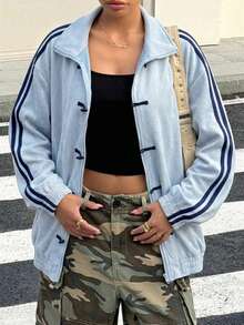 Muchica 女士休闲条纹蓝色纽扣轻薄外套 - 藍色 - 查看 7