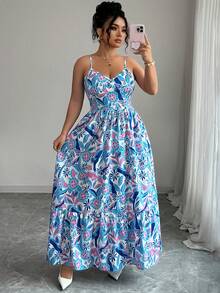 SHEIN Elenzya 女士大码梭织印花优雅吊带连衣裙 - 藍色 - 查看 7