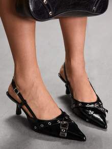 CUCCOO SZL 25款春夏新款尖头搭扣中跟浪漫优雅时尚简约性感黑色高跟凉鞋，露趾礼服鞋，适合约会、下午茶、派对、情人节等场合，尽显优雅气质 - 黑色 - 查看 6