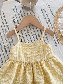 SHEIN LMoss Kids 女婴纯色黄色优雅可爱编织吊带背心 - 黃色 - 查看 4